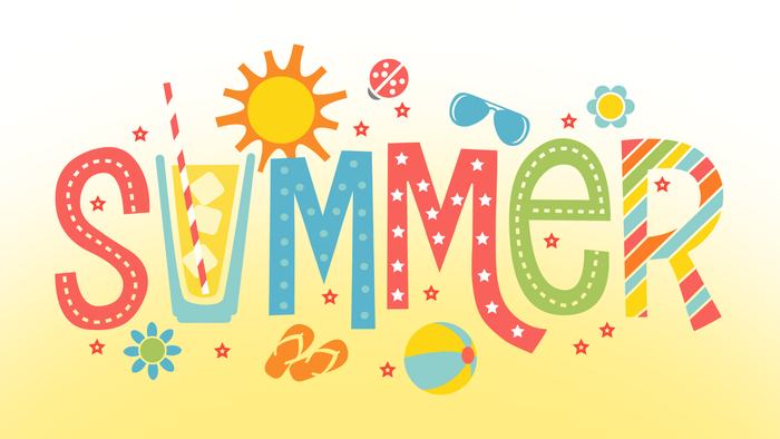 Bunte sommerliche Grafik mit verspielten Buchstaben, Sonne, Sandalen, Sonnenbrille und Strandutensilien.