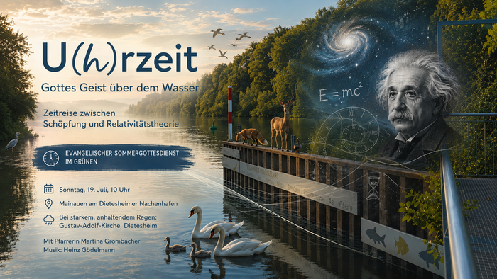 Die Grafik zeigt eine Flusslandschaft mit Schwänen und einem Steg, über dem ein Porträt Albert Einsteins sowie Symbole für Zeit, Weltall und Relativität eingeblendet sind. Links stehen die Informationen zu einem Open-Air-Gottesdienst.