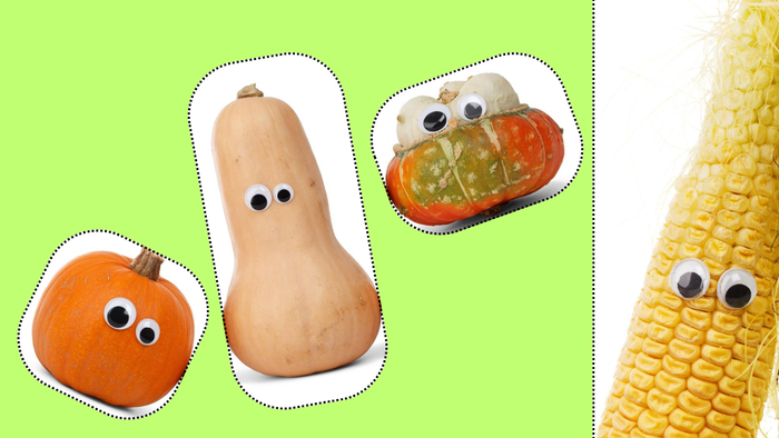 Niedliche animierte Gemüsesorten mit Glubschaugen und verspielten Gesichtern, arrangiert auf einem grünen Hintergrund.