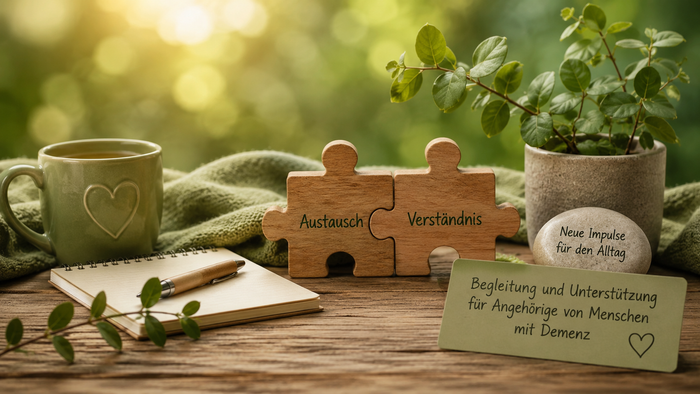 Eine Tasse, ein Notizbuch und zwei ineinandergreifende Holzpuzzleteile mit den Aufschriften „Austausch“ und „Verständnis“ stehen auf einem Holztisch. Daneben weisen ein Pflanzentopf und beschriftete Elemente auf Unterstützung für Angehörige von Menschen m