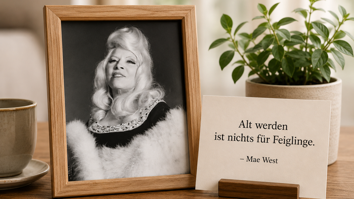 Ein gerahmtes Schwarz-Weiß-Porträt von Mae West steht neben einer Karte mit ihrem Zitat „Alt werden ist nichts für Feiglinge.“ auf einem Holztisch. Daneben sind eine Tasse und eine Zimmerpflanze zu sehen.