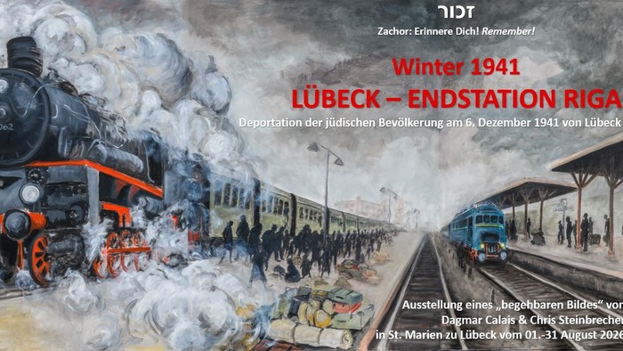 Historisches Gemälde, das die Deportation der jüdischen Bevölkerung Lübecks nach Riga im Jahr 1941 mit einem Dampfzug darstellt.