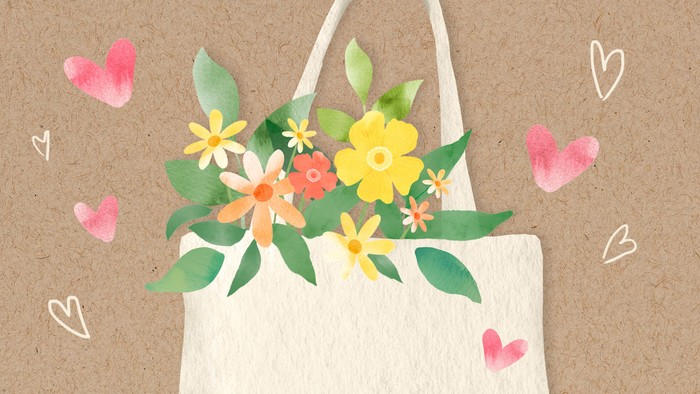 Eine weiße Tragetasche, verziert mit bunten floralen und herzförmigen Illustrationen auf einem strukturierten Hintergrund.