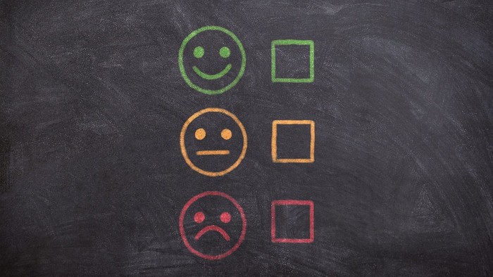 Farbcodierte Smiley-Gesichter und Quadrate auf einer Kreidetafel, die unterschiedliche Feedback- oder Stimmungsstufen anzeigen.