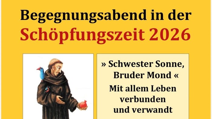 Plakat für ein Abendtreffen 2026 zu den Lehren von Franz von Assisi und der Verbindung zur Natur.