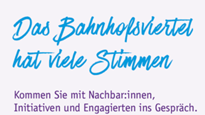 Flyer zur Förderung des Gemeinschaftsengagements im Frankfurter Bahnhofsviertel mit vielfältigen Menschen, die sich gemeinsam austauschen.