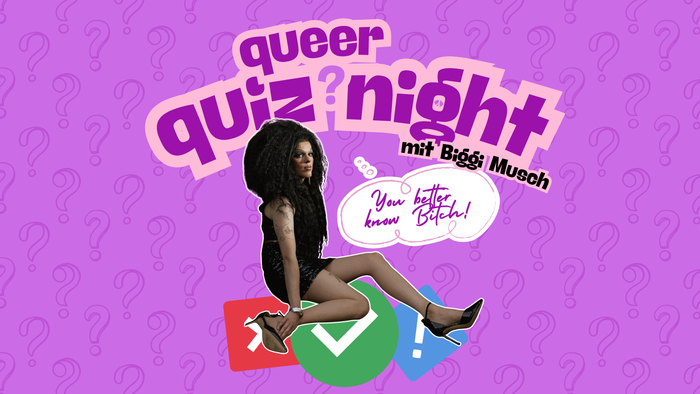 Werbeplakat für eine queere Quiznacht mit Moderatorin Biggi Musch und lustigen, bunten Designelementen.