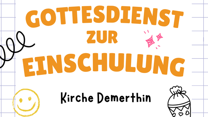 Ein buntes Plakat, das einen Gottesdienst zum Schulanfang mit Segenswünschen und Details ankündigt.
