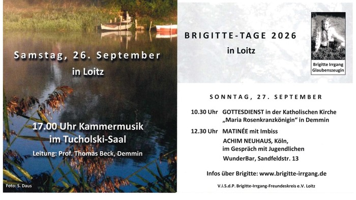 Veranstaltungsflyer für die Brigitte-Tage 2026 mit Interviews, Konzerten und Treffen in Loitz und Demmin.