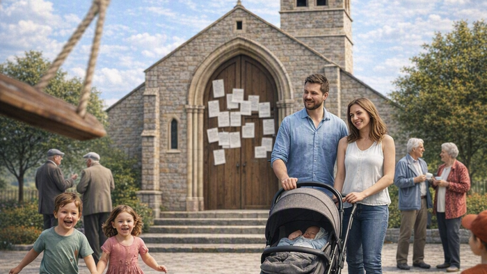 Im Hintergrund des Bildes ist eine Kirche aus Stein zu erkennen. An der Eingangstür sind Zettel befestigt. Im Vordergrund sind Spielende Kinder, eine Familie mit Kinderwagen und ältere Menschen, die sich unterhalten zu erkennen. Im Vordergrund ist auf der
