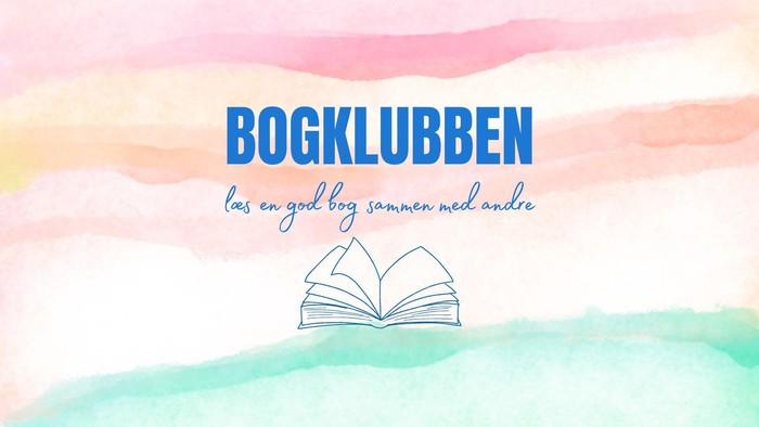Bogklub-grafik, der opfordrer til fælles læsning med andre, med en åben bog og farverige bølger.