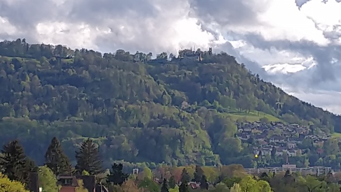 Grüner bewaldeter Hügel mit Häusern im Tal darunter, bewölkter Himmel