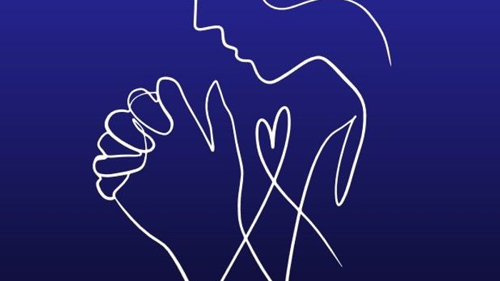 Blauer Untergrund, darauf in Weiss gezeichnet eine Frau mit betenden Händen. Darunter der Schriftzug in Weiss: