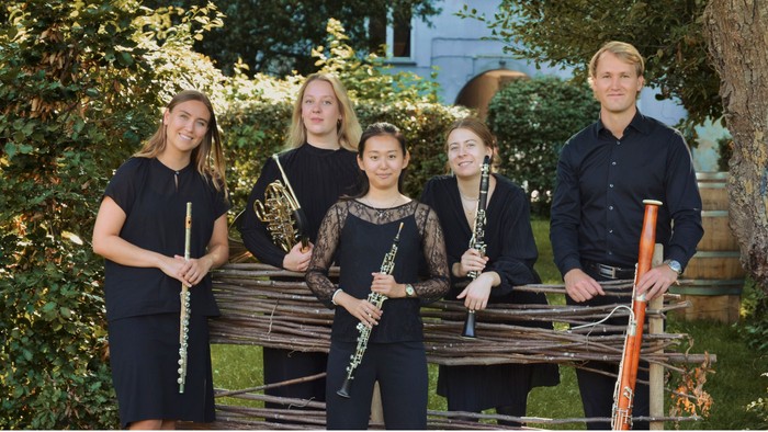 Et strygekvartet og en soloviolinist, der optræder udendørs i en fredfyldt have.