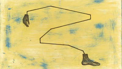 Abstrakte Kunst zeigt eine Hand und einen Fuß, verbunden durch eine minimalistische, eckige Linie vor einem texturierten gelben Hintergrund.
