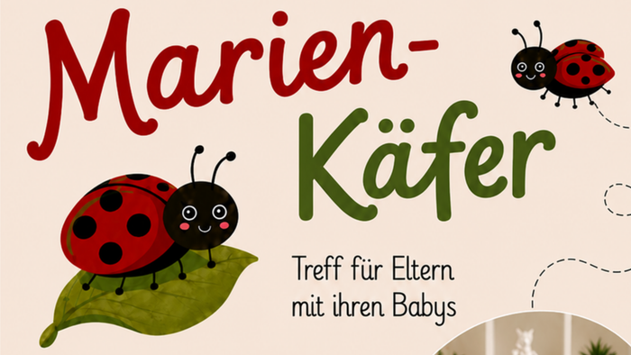 Bunter Flyer für ein Eltern-Baby-Treffen namens „Marien-Käfer“ mit gezeichneten Marienkäfern auf Blättern.