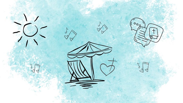 Illustrierte Strandszene mit Sonne, Musiknoten, Sprechblasen und einem gestreiften Sonnenschirm, die Entspannung und Freude symbolisieren.