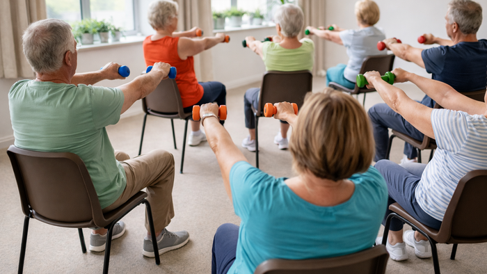 Gruppe von Senioren, die an einem Sitzgymnastikkurs mit leichten Gewichten teilnehmen.