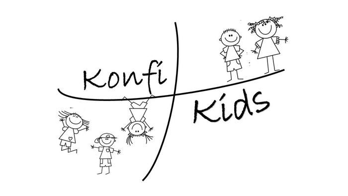 Das Bild zeigt den Logo von Konfi Kids mit skizzierten Kindern.
