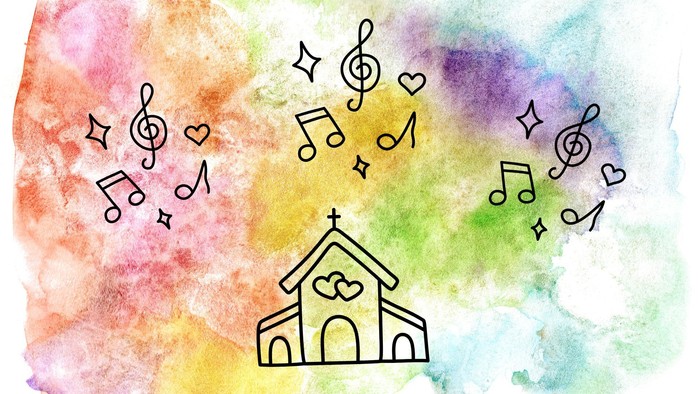 Kirchenillustration mit Noten und Herzen auf buntem Hintergrund