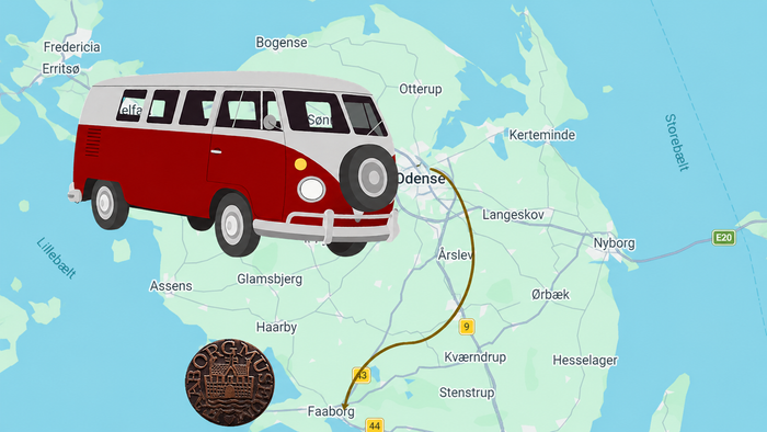 Et vintage rutekort over buslinjer, der fremhæver områder omkring Odense, Danmark, med en møntillustration.