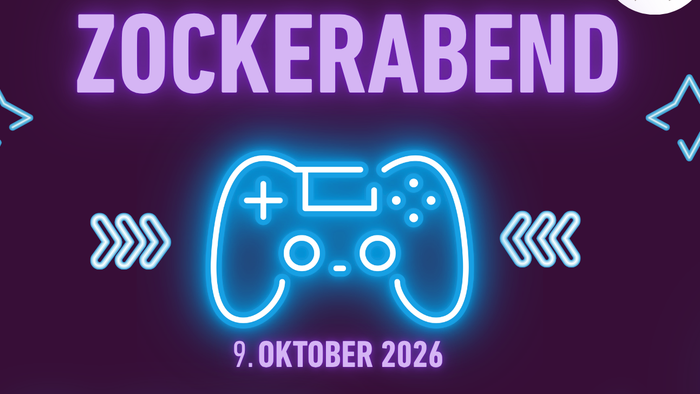 Plakat für einen Spieleabend mit dem Titel „Zockerabend“ inklusive Angaben zu Datum, Uhrzeit und Ort in Berlin.