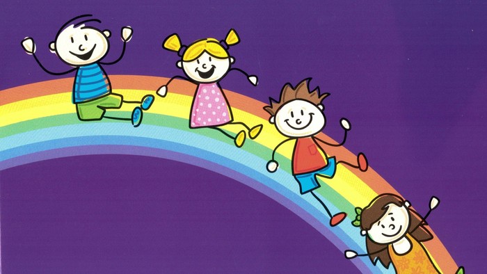 Kinder tanzen fröhlich auf einem Regenbogen. 