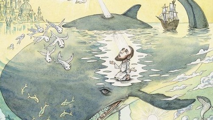 En hval med en skalle på ryggen, en skib og en by i baggrunden