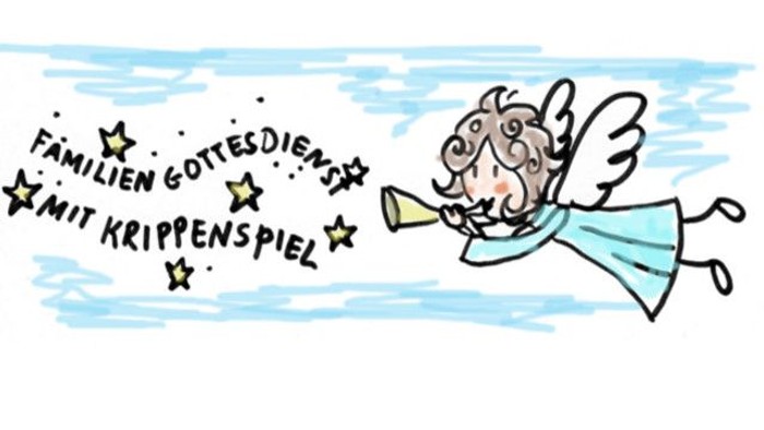 Ein Engel spielt eine Trompete, umgeben von Sternen und dem Text