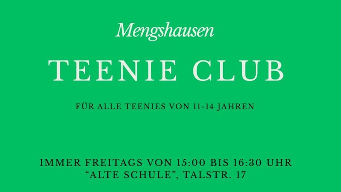 Jugendclub-Flyer für Jugendliche von 11–14 Jahren in Mengshausen mit Aktivitäten jeden Freitag von 15:00 bis 16:30 Uhr.