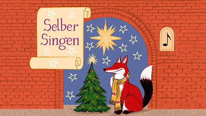 Fuchs singt vor Weihnachtsbaum unter Sternen und Notenblatt