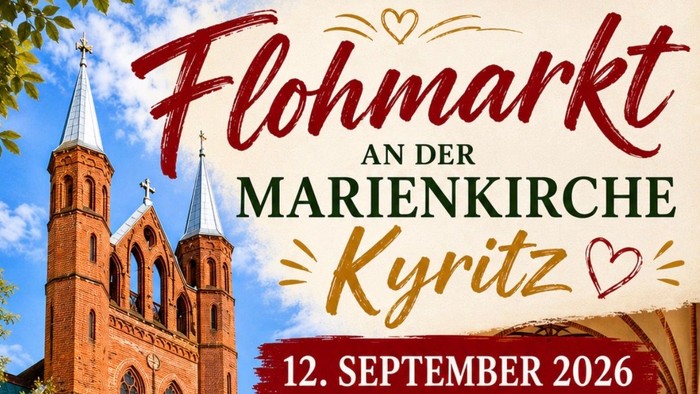 Flohmarkt-Plakat für die Veranstaltung an der Kyritzer Marienkirche am 12. September 2026 mit Informationen zur Kirchen- und Händleranmeldung.