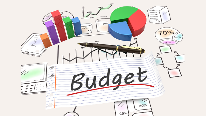 Illustreret budgetkoncept med diagrammer, grafer og finansielle dokumenter, hvor ordet 