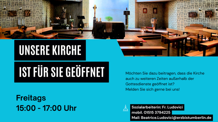 Kircheninnenraum freitags von 15:00 bis 17:00 Uhr für die Gemeinde geöffnet, mit Einladung zur öffentlichen Nutzung außerhalb der Gottesdienstzeiten.