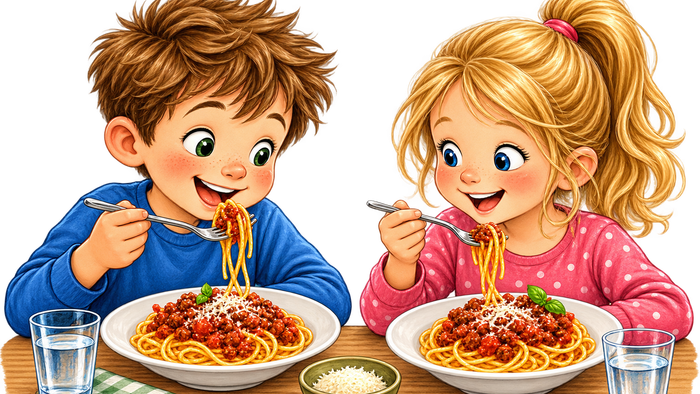To glade børn spiser glad spaghetti med kødboller ved et hyggeligt bord.