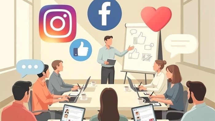 Ein Teammeeting zur Besprechung von Social-Media-Strategien mit Laptops, Symbolen und einem Präsentationsboard.