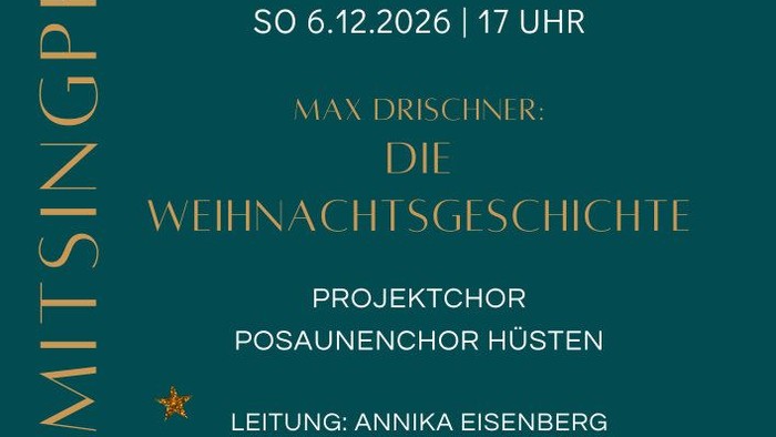 Plakat Musikalischer Advent (grüner Hintergrund, goldene und weiße Schrift, kleine goldene Sterne sind oben und unten zu sehen, sowie ein weißer Violinschlüssel im unteren Drittel)