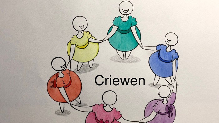 Fünf stilisierte Figuren in bunten Kleidern, die sich im Kreis an den Händen halten und mit „Criwen“ beschriftet sind.