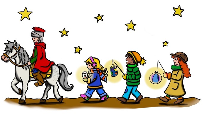 Illustrierte Szene der Heiligen Drei Könige und Kinder, die Laternen unter einem sternenklaren Nachthimmel tragen.