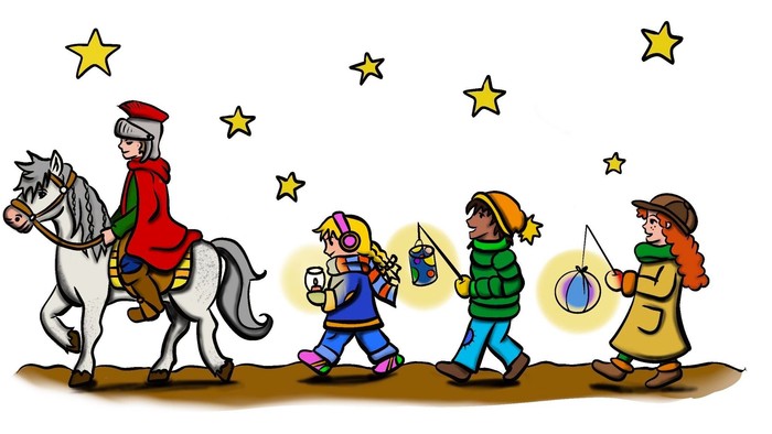 Illustrierte Szene der Heiligen Drei Könige und Kinder, die Laternen unter einem sternenklaren Nachthimmel tragen.