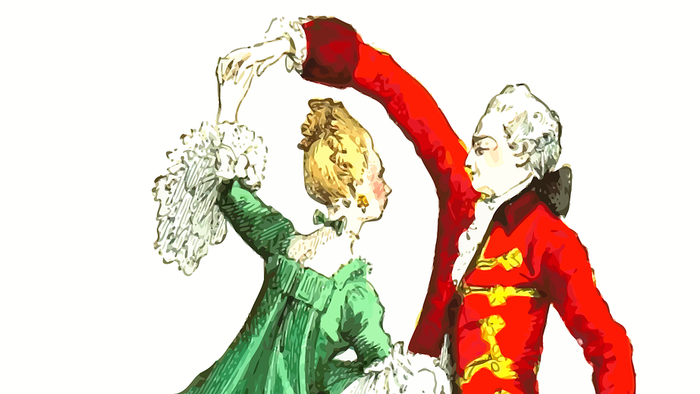 En mand og en kvinde i historiske kostumer danser.