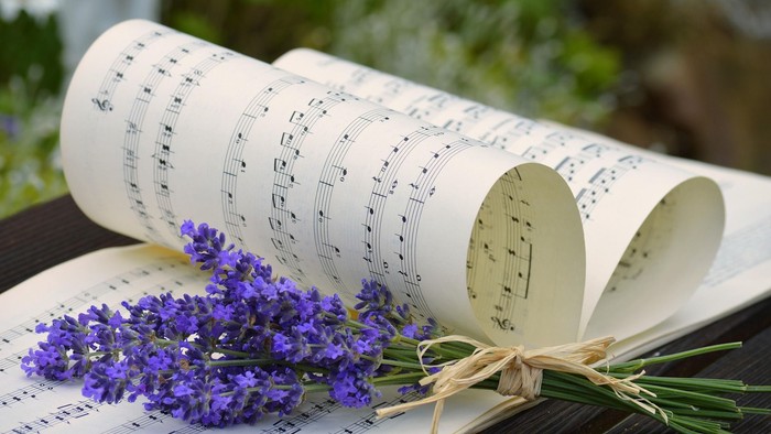 Notenblätter als Herz geformt und Lavendel