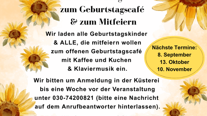 Einladung zum Geburtstagscafé für Geburtstagskinder und zum Mitfeiern. Sonnenblumen im Hintergrund.