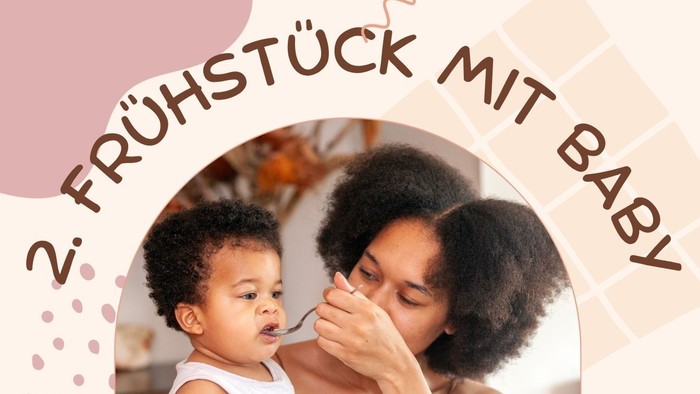 Plakat für ein kostenloses Baby-Frühstück mit Aktivitäten, Spielen und Gebäck in einer Kirchengemeinde.
