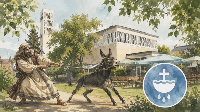 Ein Aquarell zeigt die Evangelische Friedenskirche in Mühlheim mit Kirchgarten, während Bileam in biblischer Kleidung einen sich sträubenden Esel an einem Seil zieht; rechts unten weist ein blaues Taufsymbol auf die im Gottesdienst geplanten Taufen hin.