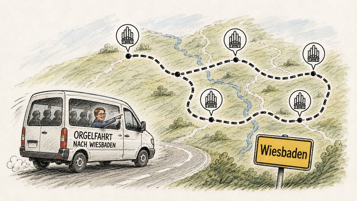 Eine gezeichnete Illustration zeigt einen Kleinbus mit der Aufschrift „Orgelfahrt nach Wiesbaden“, der auf einer Straße in Richtung Wiesbaden fährt, während eine eingezeichnete Route auf einer Karte mehrere Stationen mit Orgelsymbolen verbindet.