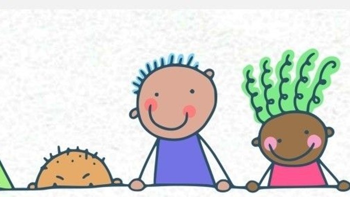 Bunte Zeichentrickfiguren mit wilden Haaren, die freundlich in einer Reihe stehen.