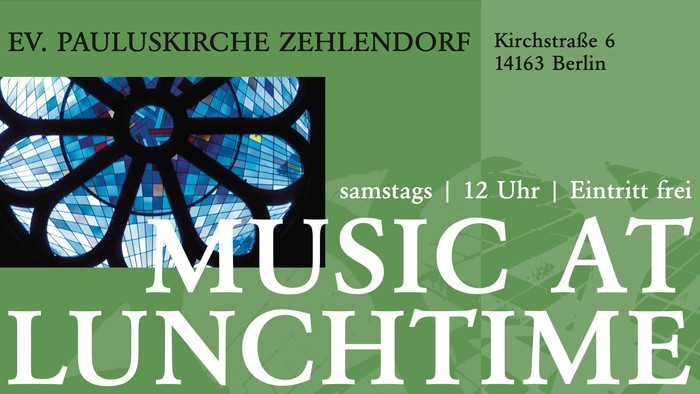 Flugblatt zum Konzertplan der Veranstaltungsreihe „Musik zur Mittagszeit“ mit verschiedenen musikalischen Darbietungen von April bis Juni.