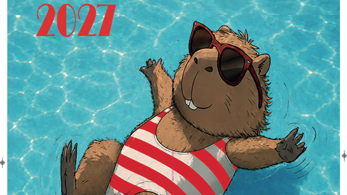 Ein Cartoon-Biber in Badehose liegt entspannt in einem Pool und wirbt für die Urlaubszeiten 2021 in Taizé, Baltrum und der Toskana.