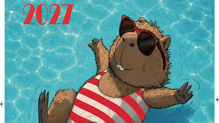 Ein Cartoon-Biber in Badehose liegt entspannt in einem Pool und wirbt für die Urlaubszeiten 2021 in Taizé, Baltrum und der Toskana.